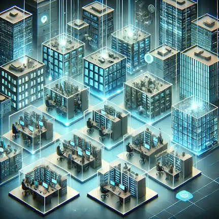 DALL E 2025 03 07 12 39 29 A conceptual illustration depicting the lack of information sharing between departments The image features multiple office buildings or isolated work